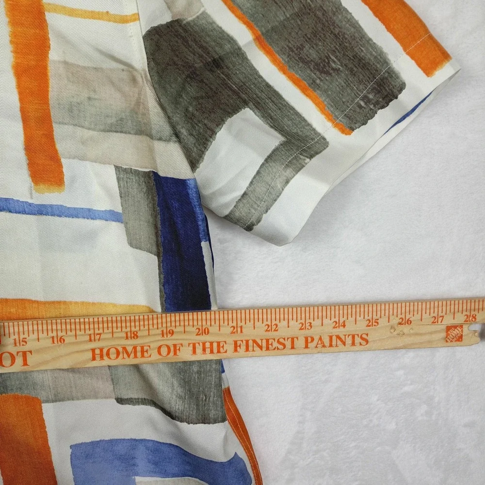 Banana Republic Mens M Tall Silk Abstract Geometric Camp Shirt Blue Orange White